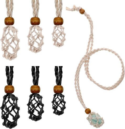 6 PCS Crystals Necklace Holders, Necklace Cord Empty Stone Holder Adjustable Braided Cord Cage Quartz Crystal Stone Cords for DIY Jewelry Making (Black & Beige) in Kuwait