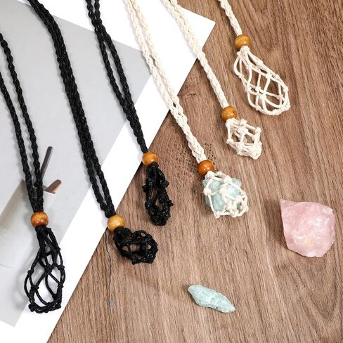 6 PCS Crystals Necklace Holders, Necklace Cord Empty Stone Holder Adjustable Braided Cord Cage Quartz Crystal Stone Cords for DIY Jewelry Making (Black & Beige) in Kuwait