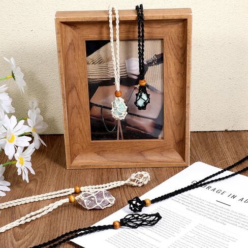 6 PCS Crystals Necklace Holders, Necklace Cord Empty Stone Holder Adjustable Braided Cord Cage Quartz Crystal Stone Cords for DIY Jewelry Making (Black & Beige) in Kuwait