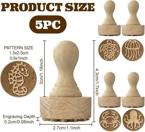 OLYCRAFT 5PCS 5 أنماط الحيوان موضوع طوابع طين خشبية 1.7x1.1 بوصة ختم الخشب مع مقبض مقبض الخشب أدوات الفخار أختام ختم صغير صغير لصنع بطاقات الطين وسكر القصاصات in Saudi Arabia