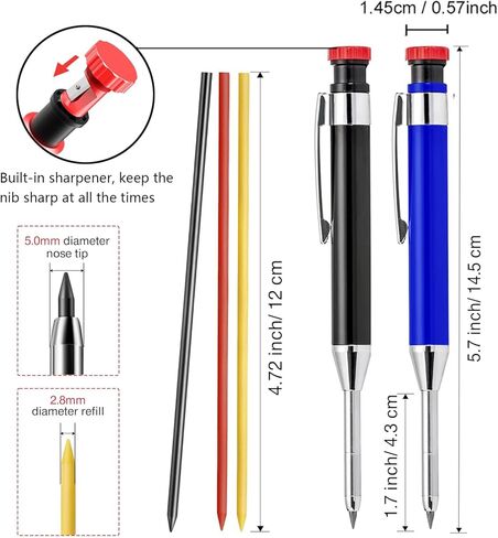 أقلام النجارين من Greywolf 2-Pack ، أقلام الرصاص النجارين الشاقين مع 14 عبوات ، علامات قلم رصاص تلقائي عميقة من الثقب العميق مع المبدع المدمج للنجارين ، المهندسين المعماريين (الأسود ، الأحمر) in Kuwait