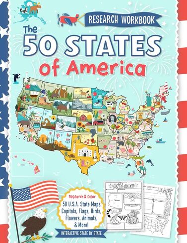 The 50 States of America: A Research Workbook for Kids: Learn USA Geography & State Symbols - Color and Discover All 50 States Maps, Capitals, Flags, Birds, Flowers, Trees, Animals, and More! in Saudi Arabia