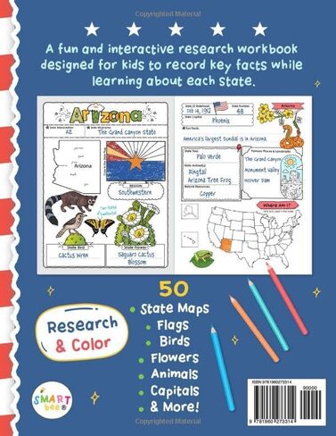 The 50 States of America: A Research Workbook for Kids: Learn USA Geography & State Symbols - Color and Discover All 50 States Maps, Capitals, Flags, Birds, Flowers, Trees, Animals, and More! in Saudi Arabia