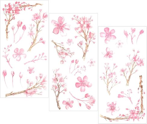 3 Sheets Cherry Blossom Tree Washi Stickers, Cherry Flower Stickers, Pink Floral Decals for Scrapbook, DIY Crafts, Furniture, Windows, Water Bottles, Self Adhesive Sakura Flower Sticker in Saudi Arabia