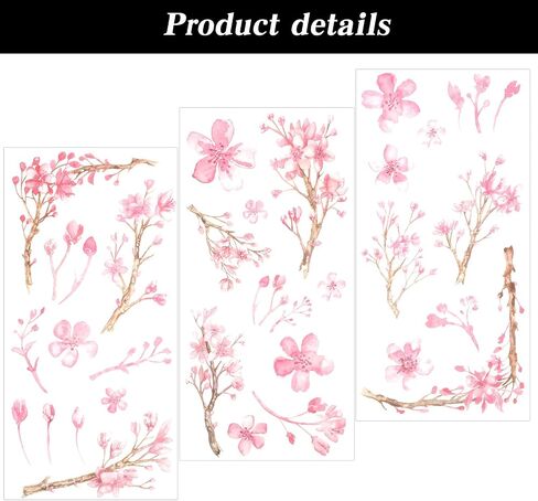 3 Sheets Cherry Blossom Tree Washi Stickers, Cherry Flower Stickers, Pink Floral Decals for Scrapbook, DIY Crafts, Furniture, Windows, Water Bottles, Self Adhesive Sakura Flower Sticker in Saudi Arabia