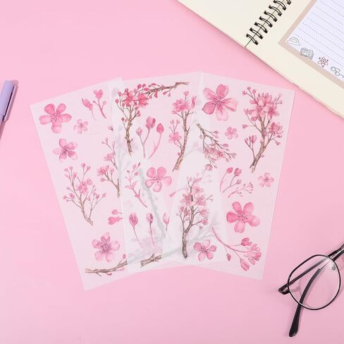 3 Sheets Cherry Blossom Tree Washi Stickers, Cherry Flower Stickers, Pink Floral Decals for Scrapbook, DIY Crafts, Furniture, Windows, Water Bottles, Self Adhesive Sakura Flower Sticker in Saudi Arabia