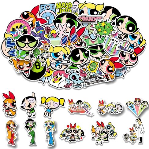 ملصقات PowerPuff Girls للأطفال - 50 بكسل ملصقات زجاجة ماء لطيفة للفتيات ، وشارات الفينيل المقاومة للماء للكمبيوتر المحمول ، والأمتعة ، ولوحة التزلج ، وحالة الهاتف ، وفضل حفلات الأطفال ، والهدايا للفتيات والشباب in Kuwait