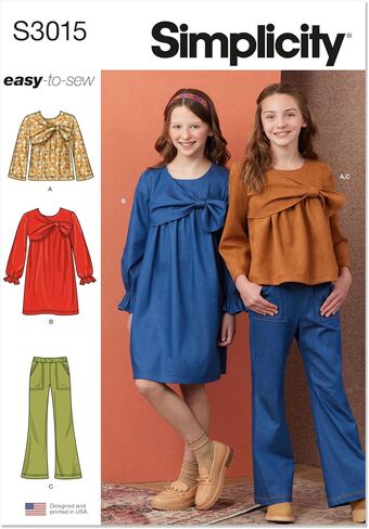 Simplicity SS3015A Girls' Top, Dress and Pants Sewing Pattern Packet, Design Code S3015, Sizes 7-8-10-12-14, Multicolor in Saudi Arabia