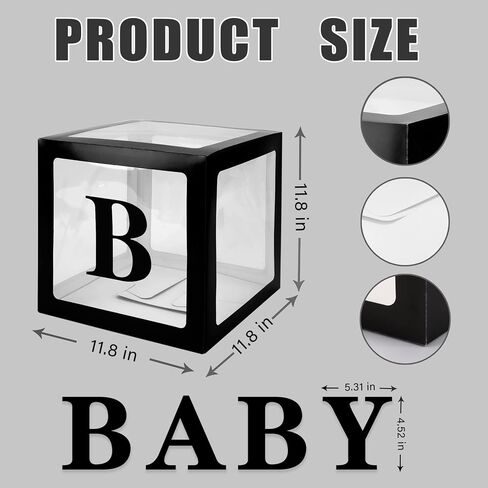 CJT Baby Boxes with Letters for Baby Shower,Clear Baby Shower Decorations Block Boxes,Transparent Balloon Box Backdrop for Birthday Party,4PCS(Black) in Saudi Arabia