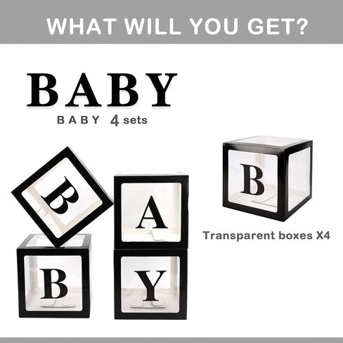CJT Baby Boxes with Letters for Baby Shower,Clear Baby Shower Decorations Block Boxes,Transparent Balloon Box Backdrop for Birthday Party,4PCS(Black) in Saudi Arabia