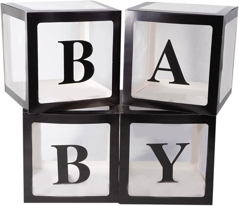 CJT Baby Boxes with Letters for Baby Shower,Clear Baby Shower Decorations Block Boxes,Transparent Balloon Box Backdrop for Birthday Party,4PCS(Black) in Saudi Arabia