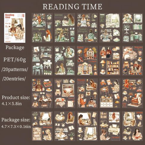 Snycler Sticker Book -20 Sheets Character Scenery PET Stickers for Scrapbooking, Junk Journaling, Ephemera, and Decorative Crafts-Reading time in Kuwait