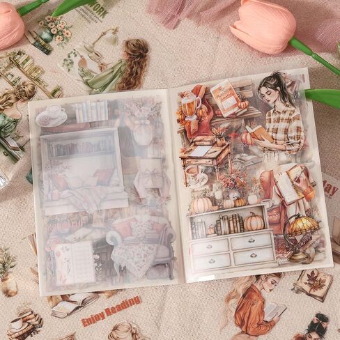 Snycler Sticker Book -20 Sheets Character Scenery PET Stickers for Scrapbooking, Junk Journaling, Ephemera, and Decorative Crafts-Reading time in Kuwait