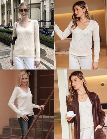 Zeagoo Womens Sweaters Fall Trendy Casual Long Sleeve Shirt Lightweight V Neck Off Shoulder Crochet Pullover Top Outfit in Kuwait