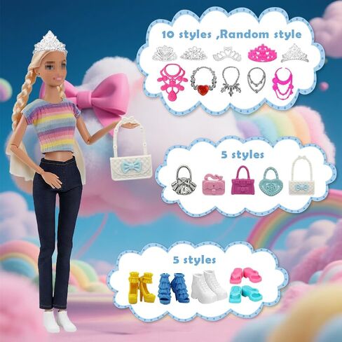 35 PCS Doll Accessory مجموعة دمى أزياء 11.5 بوصة: 5 تيجان عامة ، 5 قلادات ، 10 شماعات ، 5 أزواج أحذية ، 5 أكياس ، نظارات 2 أزواج ، 2 أساور ، 1 زوج من الدفاعات دمية. in Kuwait