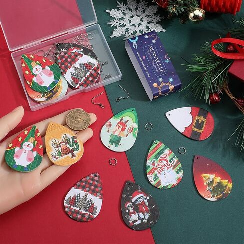 SUNNYCLUE 1 Box 8 Pairs Christmas Leather Earring Kit Winter Xmas Tree Charm Christmas Tree Charms Santa Claus Reindeer Snowman Charm for Jewelry Making Kits Adult DIY Dangle Earrings Supplies in Saudi Arabia