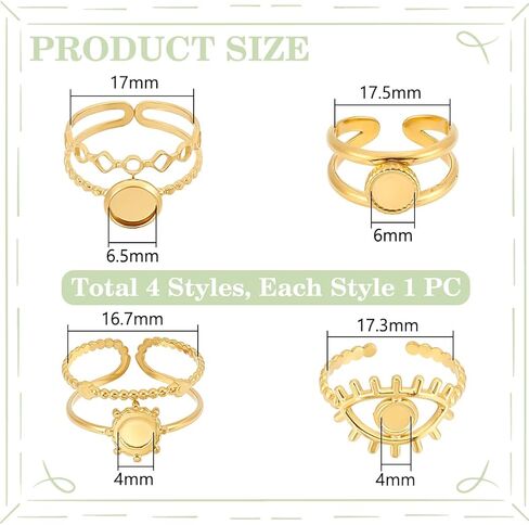 UNICRAFTALE 4Pcs Open Cuff Ring Blank Pad Ring 4 Styles 14k Gold Plated Bezel Cup Rings Stainless Steel Finger Rings Base Ring Round Base Bezel Tray for Rings Jewelry Making in Saudi Arabia