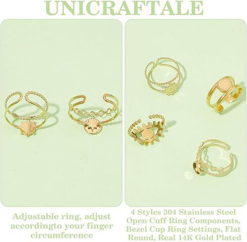 UNICRAFTALE 4Pcs Open Cuff Ring Blank Pad Ring 4 Styles 14k Gold Plated Bezel Cup Rings Stainless Steel Finger Rings Base Ring Round Base Bezel Tray for Rings Jewelry Making in Saudi Arabia