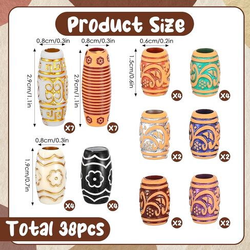 38Pcs Wooden Hair Beads for Braids and Dreadlocks, Loc Jewelry Bead for Black Women and Men, Multi Shape Beads for Necklace Bracelet Hair DIY Craft Handmade Decoration Dreadlock Accessories in Saudi Arabia