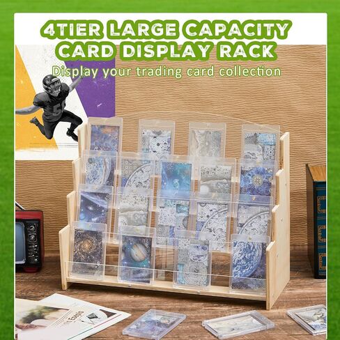 Chunful 4-Tier Trading Cards Display Stand 16.5" Magnetic Graded Sports Card Holder Display Stand Frame Graded Baseball Collection Storage Case for Baseball Game, Wood in Saudi Arabia