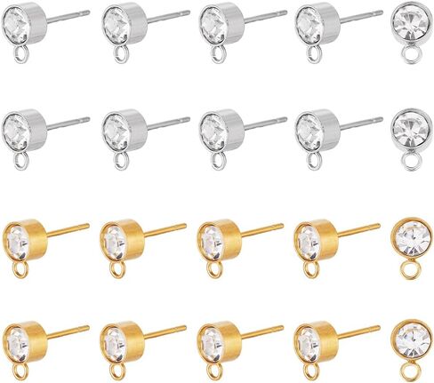 arricraft 40 Pcs 2 Colors Stainless Steel Rhinestone Earrings Studs, Metal Zircon Studs Flat Round Diamond Earrings Accessories with Horizontal Ring for DIY Drop Tassel Jewelry Making Kit in Saudi Arabia