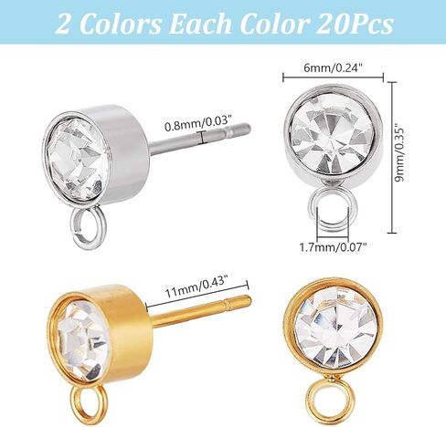 arricraft 40 Pcs 2 Colors Stainless Steel Rhinestone Earrings Studs, Metal Zircon Studs Flat Round Diamond Earrings Accessories with Horizontal Ring for DIY Drop Tassel Jewelry Making Kit in Saudi Arabia