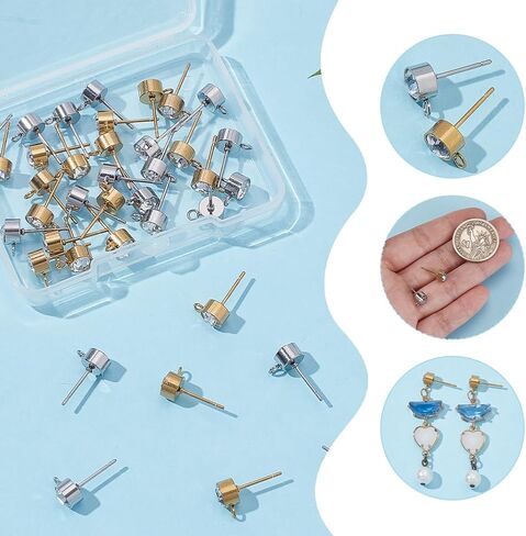 arricraft 40 Pcs 2 Colors Stainless Steel Rhinestone Earrings Studs, Metal Zircon Studs Flat Round Diamond Earrings Accessories with Horizontal Ring for DIY Drop Tassel Jewelry Making Kit in Saudi Arabia
