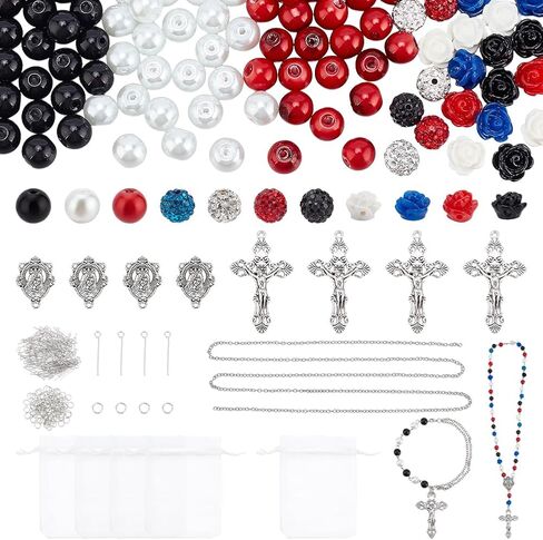 PH Pandahall 493pcs مجوهرات المسبحة الصبغة صنع طقم صلاة صنع لوازم 8 ملم راينستون حبات الزجاج اللؤلؤة عبر سحر روز حبات الديسكو للكرة لمجوهر in Saudi Arabia