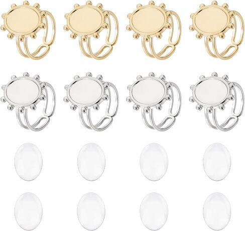 UniCraftale حوالي 8pcs بيضاوي فارغة مفتوحة الكفة حلقة الفولاذ المقاوم للصدأ حلقة المسطحات صينية مع 8pcs cabochon المعاد in Saudi Arabia