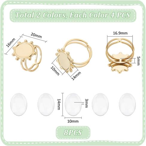 UniCraftale حوالي 8pcs بيضاوي فارغة مفتوحة الكفة حلقة الفولاذ المقاوم للصدأ حلقة المسطحات صينية مع 8pcs cabochon المعاد in Saudi Arabia