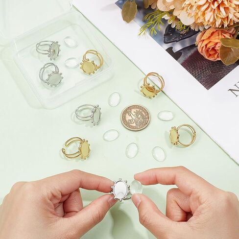 UniCraftale حوالي 8pcs بيضاوي فارغة مفتوحة الكفة حلقة الفولاذ المقاوم للصدأ حلقة المسطحات صينية مع 8pcs cabochon المعاد in Saudi Arabia