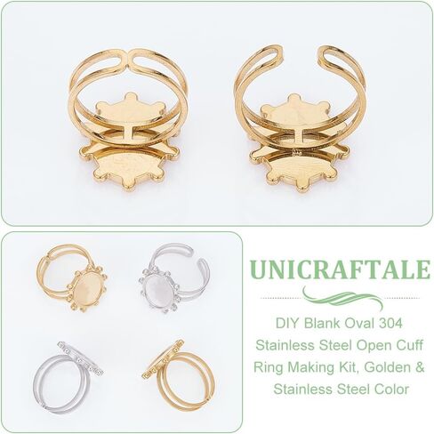 UniCraftale حوالي 8pcs بيضاوي فارغة مفتوحة الكفة حلقة الفولاذ المقاوم للصدأ حلقة المسطحات صينية مع 8pcs cabochon المعاد in Saudi Arabia