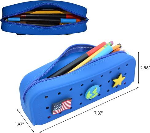 Pencil Case Pouch. Includes 3 Surprise Snap On Charms. Ideal for School Supplies, Arts and Crafts, Makeup Bag, Beach and Pool Day Essentials - Great for Boys and Girls (Light Blue) in Saudi Arabia