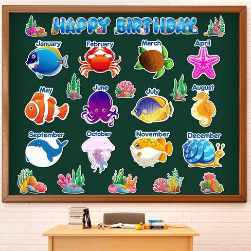 Pasimy Under The Sea Birthday Bulletin Board Set Ocean Theme Classroom Decorations Sea Animals Fish Paper Cutouts Wall Decor for Back to School Happy Birthday Calendar Chart Teacher Supplies (Ocean) in Saudi Arabia