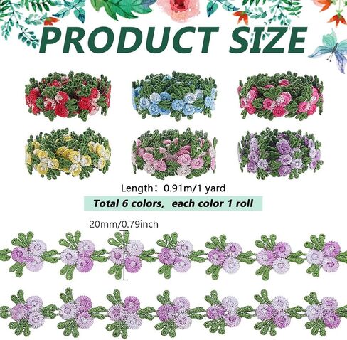 PH PandaHall 6 Colors 6 Yards Floral Lace Trim 0.8 inch Rose Flower Ribbon Embroidery Lace Trim Ribbon Decorative Flower Ribbons for Wedding Dress Decoration Sewing Craft Upholstery Curtain in Saudi Arabia