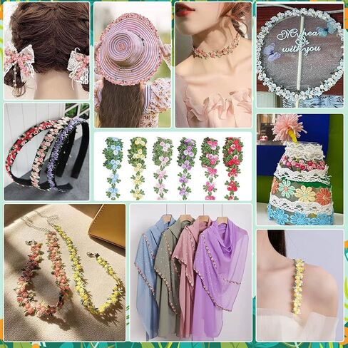 PH PandaHall 6 Colors 6 Yards Floral Lace Trim 0.8 inch Rose Flower Ribbon Embroidery Lace Trim Ribbon Decorative Flower Ribbons for Wedding Dress Decoration Sewing Craft Upholstery Curtain in Saudi Arabia