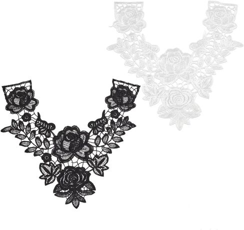 AHANDMAKER 2Pcs Lace Neckline Collar Patches, Black & White Rose Lace Applique Patches, Vintage Floral Lace Fabric Trim, Embroidery Applique for Sewing Crafts Wedding Dress Clothes Accessory in Saudi Arabia