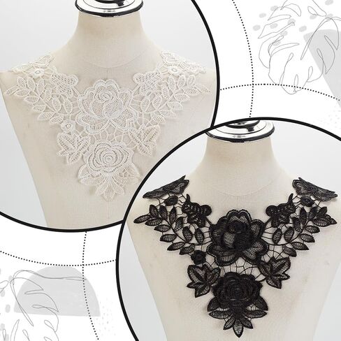 AHANDMAKER 2Pcs Lace Neckline Collar Patches, Black & White Rose Lace Applique Patches, Vintage Floral Lace Fabric Trim, Embroidery Applique for Sewing Crafts Wedding Dress Clothes Accessory in Saudi Arabia
