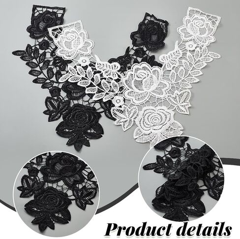 AHANDMAKER 2Pcs Lace Neckline Collar Patches, Black & White Rose Lace Applique Patches, Vintage Floral Lace Fabric Trim, Embroidery Applique for Sewing Crafts Wedding Dress Clothes Accessory in Saudi Arabia