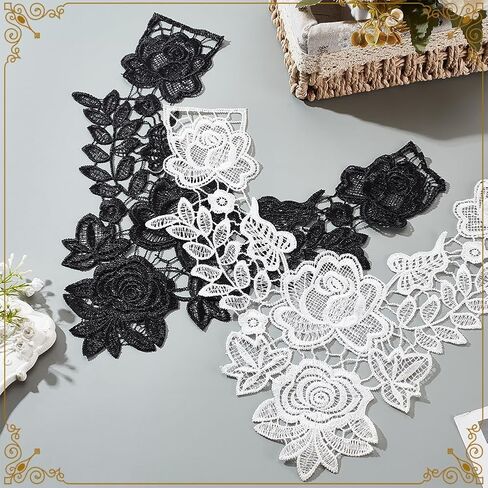 AHANDMAKER 2Pcs Lace Neckline Collar Patches, Black & White Rose Lace Applique Patches, Vintage Floral Lace Fabric Trim, Embroidery Applique for Sewing Crafts Wedding Dress Clothes Accessory in Saudi Arabia