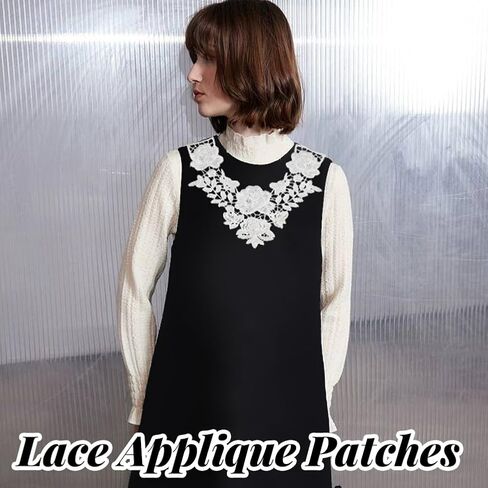 AHANDMAKER 2Pcs Lace Neckline Collar Patches, Black & White Rose Lace Applique Patches, Vintage Floral Lace Fabric Trim, Embroidery Applique for Sewing Crafts Wedding Dress Clothes Accessory in Saudi Arabia