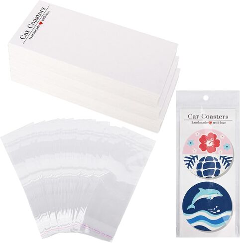Klmnop 200 Pcs Car Coaster Packaging for Selling, Sublimation Blanks Car Coasters Display Cards and Bags, 6.8 x 2.9 Inch Self-seal Coaster Bag for Auto Sublimation Blanks(White) in Saudi Arabia