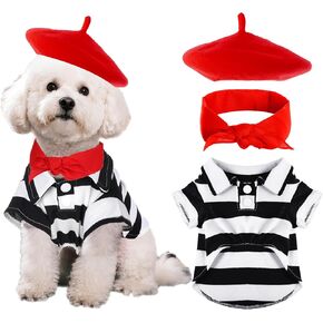 hoyuwak Halloween Artist Small Dog Costume Including Funny Black and White Striped Shirt Red Beret Bandana for Small Puppy Cat Halloween Cosplay Party in Saudi Arabia