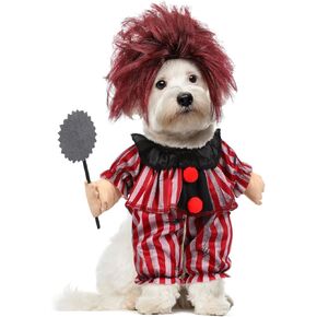 2 PCS Halloween Dog Clown Costume Red Striped Cosplay الزي مع شعر مستعار للكلاب المتوسطة أزياء الحيوانات الأليفة مضحكة لباس هالوين حفلة in Kuwait