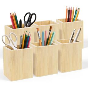6 Pack Wood Pen Holder Unfinished Wooden Pencil Holder Pine Wood Pen Holder Stand for Desk Office Supplies Makeup Brushes Organizer (Round) in Kuwait