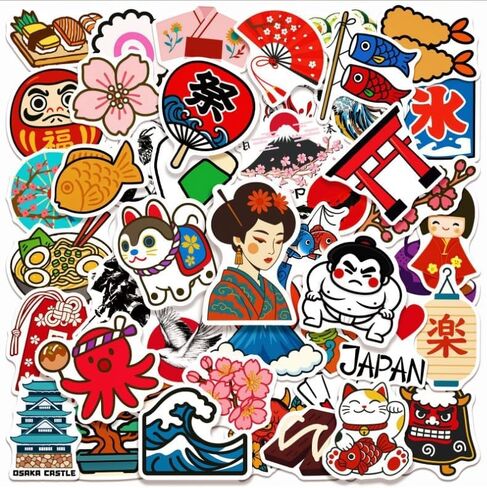 Japanese Traditional Culture Stickers, 50 Pcs Vinyl Waterproof Japan Travel Decal for Laptop Water Bottle Phone Car Window Bike Motorcycle Stakeboard Scrapbook in Saudi Arabia