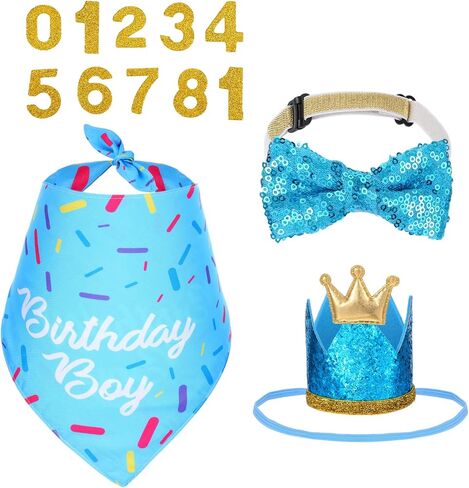 Dog Birthday Party Supplies, Blue Birthday Bandana Scarf, Dog Birthdays Crown Hat and Cute Bow Tie Puppy Pet Celebration Party Accessories with Number Decorations for Small Dogs in Saudi Arabia