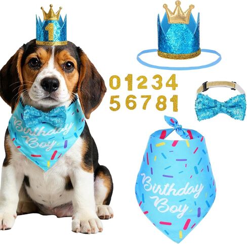 Dog Birthday Party Supplies, Blue Birthday Bandana Scarf, Dog Birthdays Crown Hat and Cute Bow Tie Puppy Pet Celebration Party Accessories with Number Decorations for Small Dogs in Saudi Arabia
