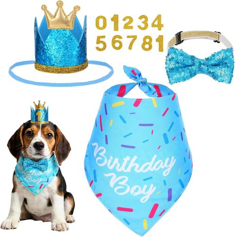 Dog Birthday Party Supplies, Blue Birthday Bandana Scarf, Dog Birthdays Crown Hat and Cute Bow Tie Puppy Pet Celebration Party Accessories with Number Decorations for Small Dogs in Saudi Arabia