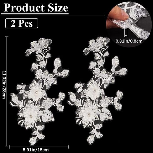 Gorgecraft 2pcs 3d الزهور الأزهار المطرزة من الدانتيل زين خياطة على بقع القطع بريق الترتر من ذوي الأزهار الزهرية مصحوبة بالزخرفة لخياطة ملابس الزفاف سروال جينز كيس أبيض in Kuwait